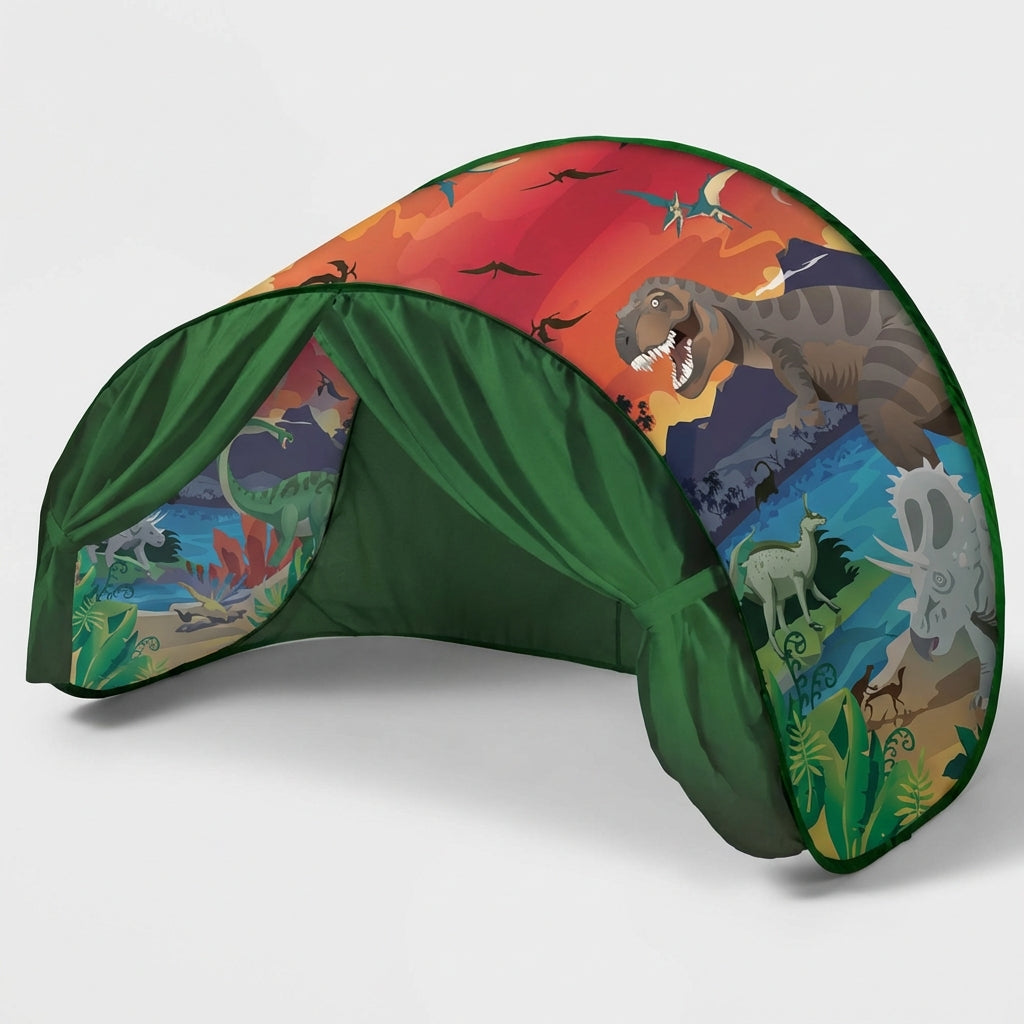 Foldable kids bed canopy tent with ambient lighting and storage pockets
