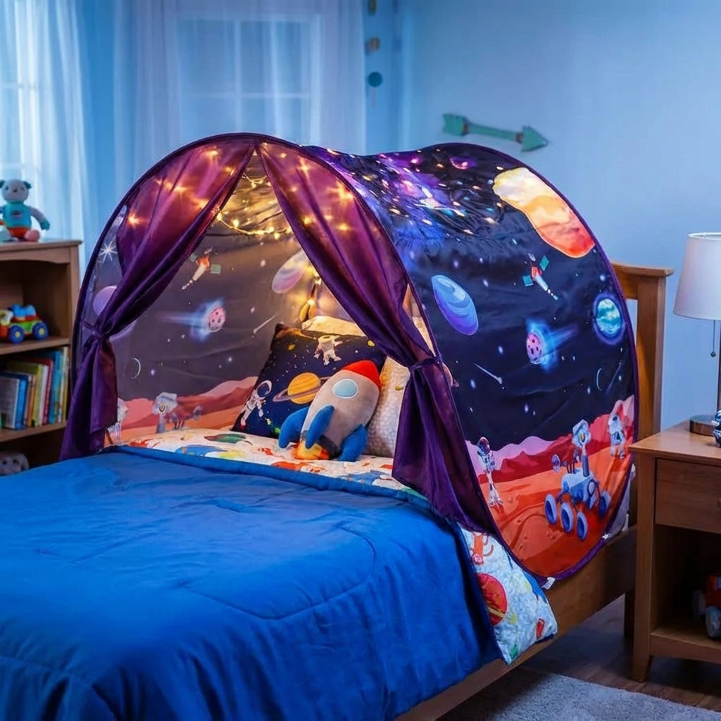 Foldable kids bed canopy tent with ambient lighting and storage pockets