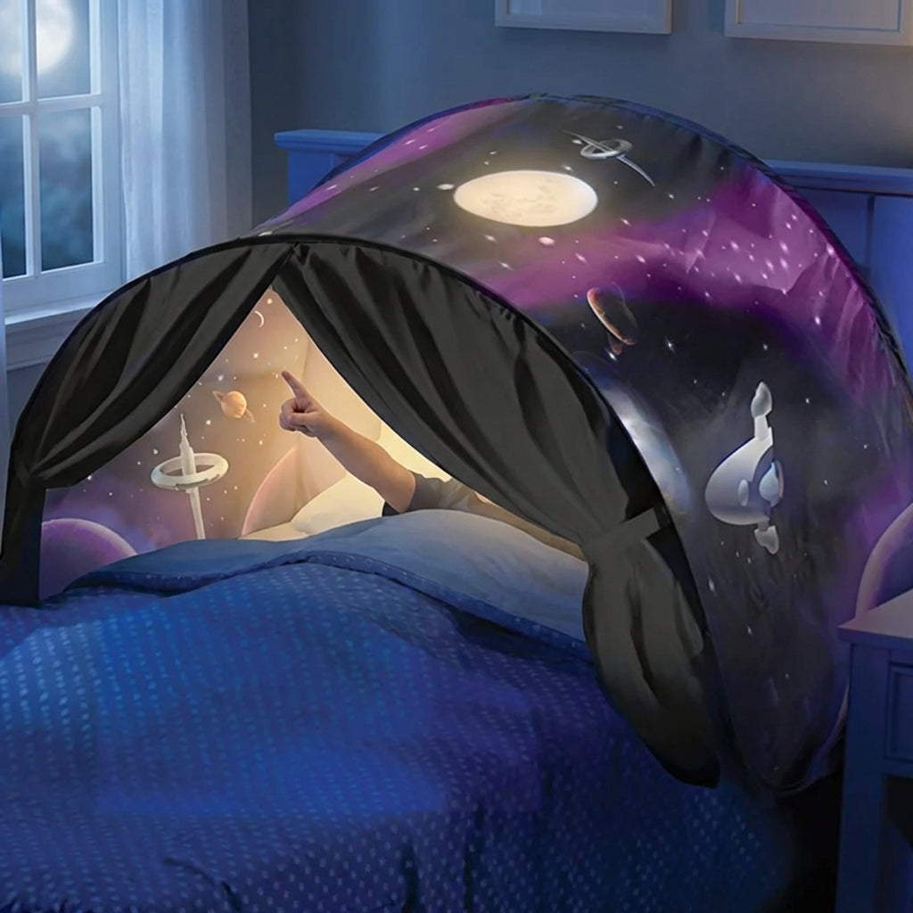 Foldable kids bed canopy tent with ambient lighting and storage pockets
