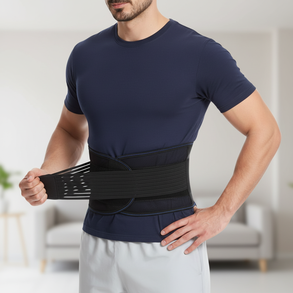 Adjustable lower back support belt with breathable lumbar stabilization
