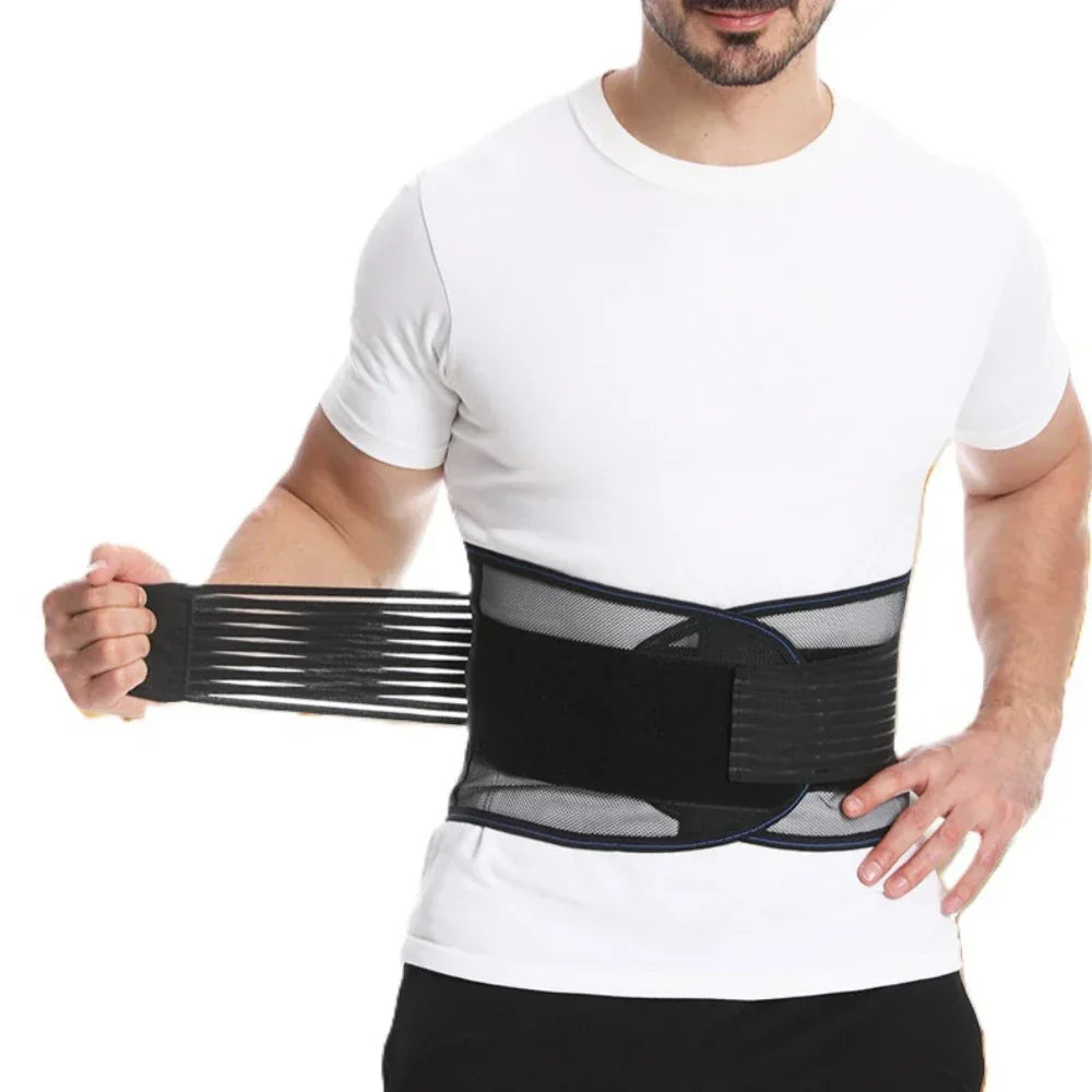 Adjustable lower back support belt with breathable lumbar stabilization