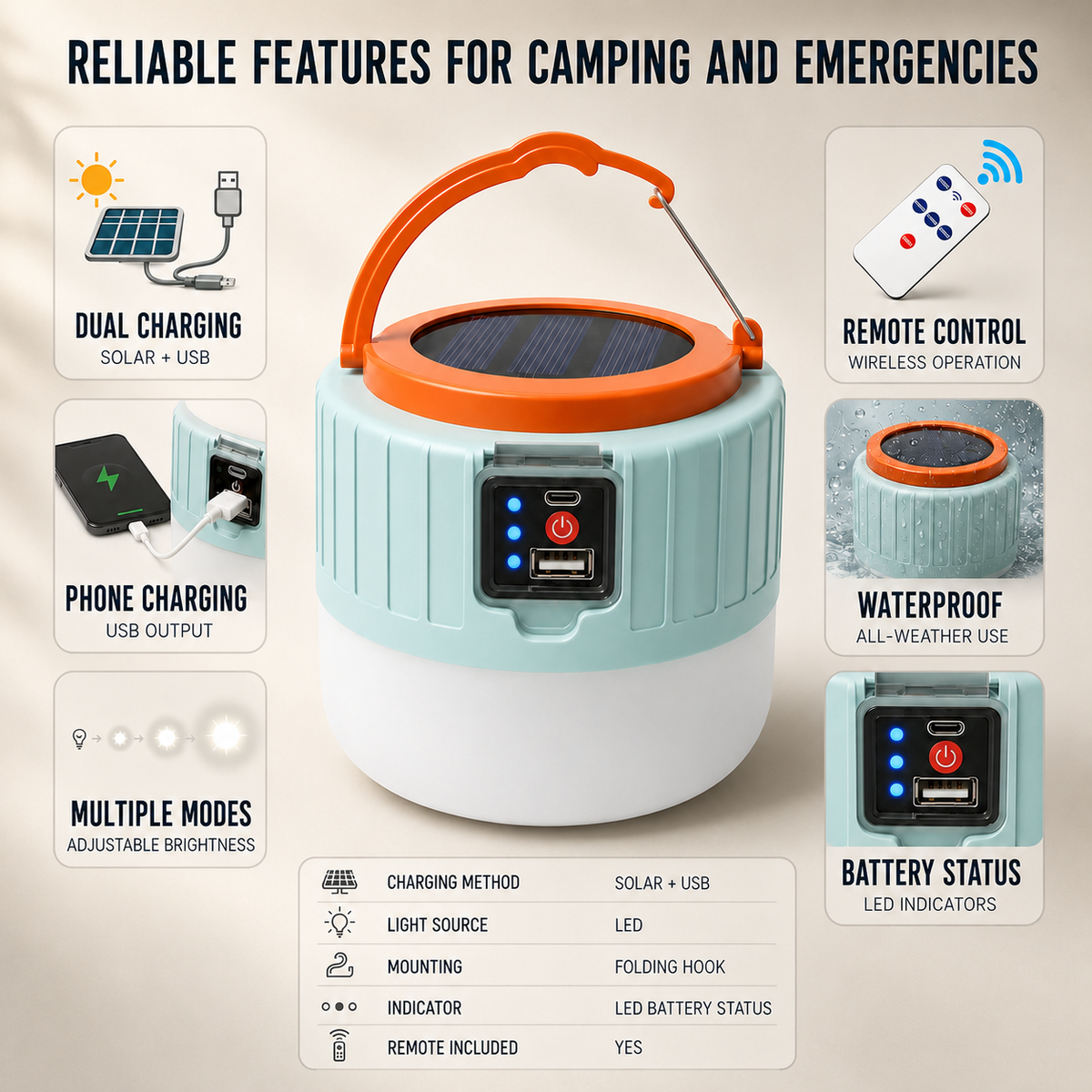 Celrien | Lumivast Solar Rechargeable Portable LED Lantern