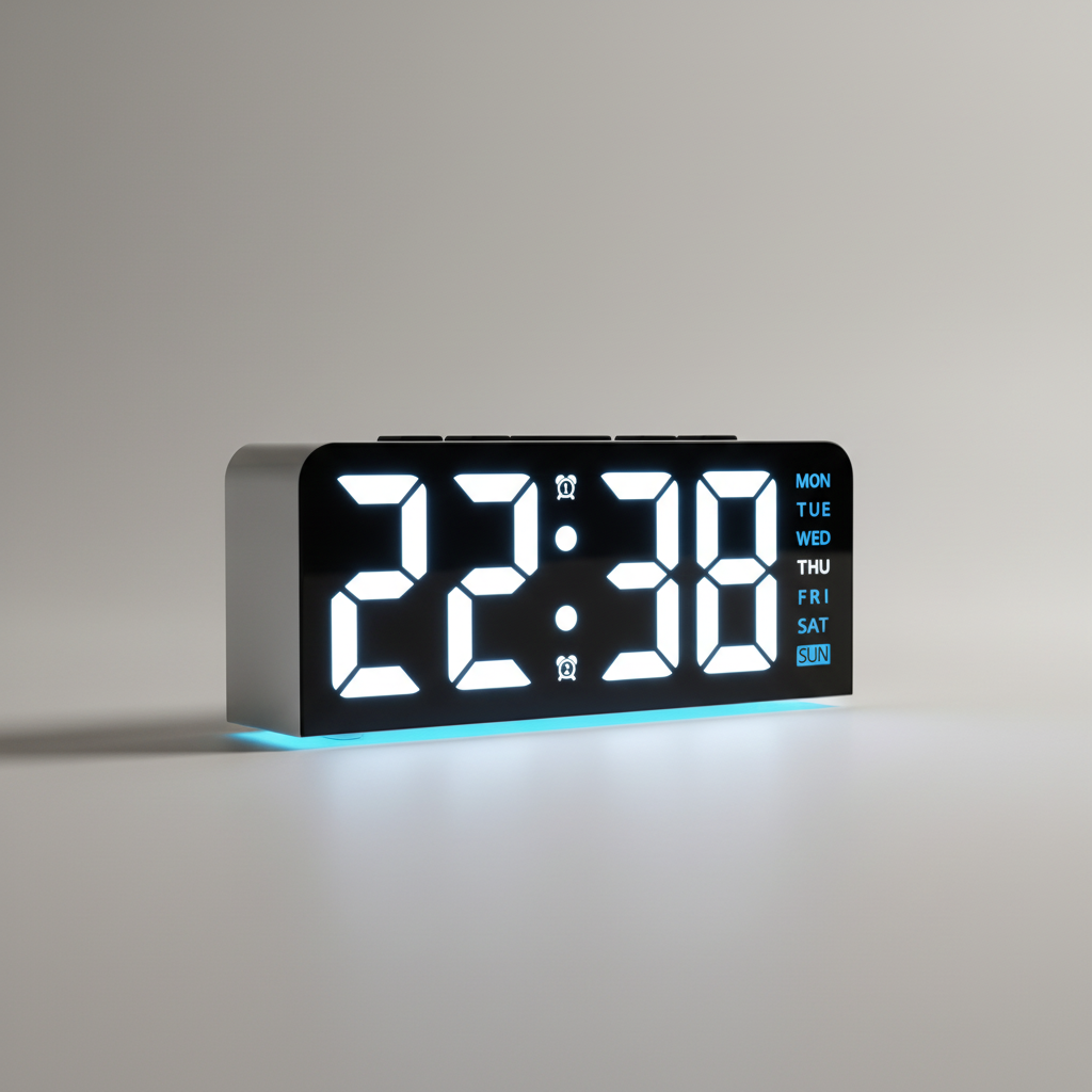 Digital alarm clock with LED display, temperature reading, and customizable backlight