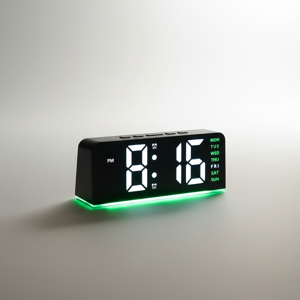 Digital alarm clock with LED display, temperature reading, and customizable backlight