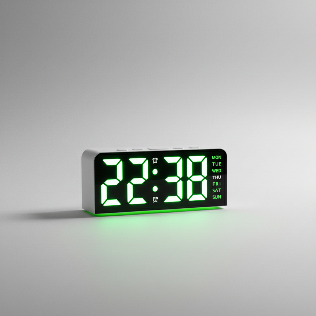 Digital alarm clock with LED display, temperature reading, and customizable backlight