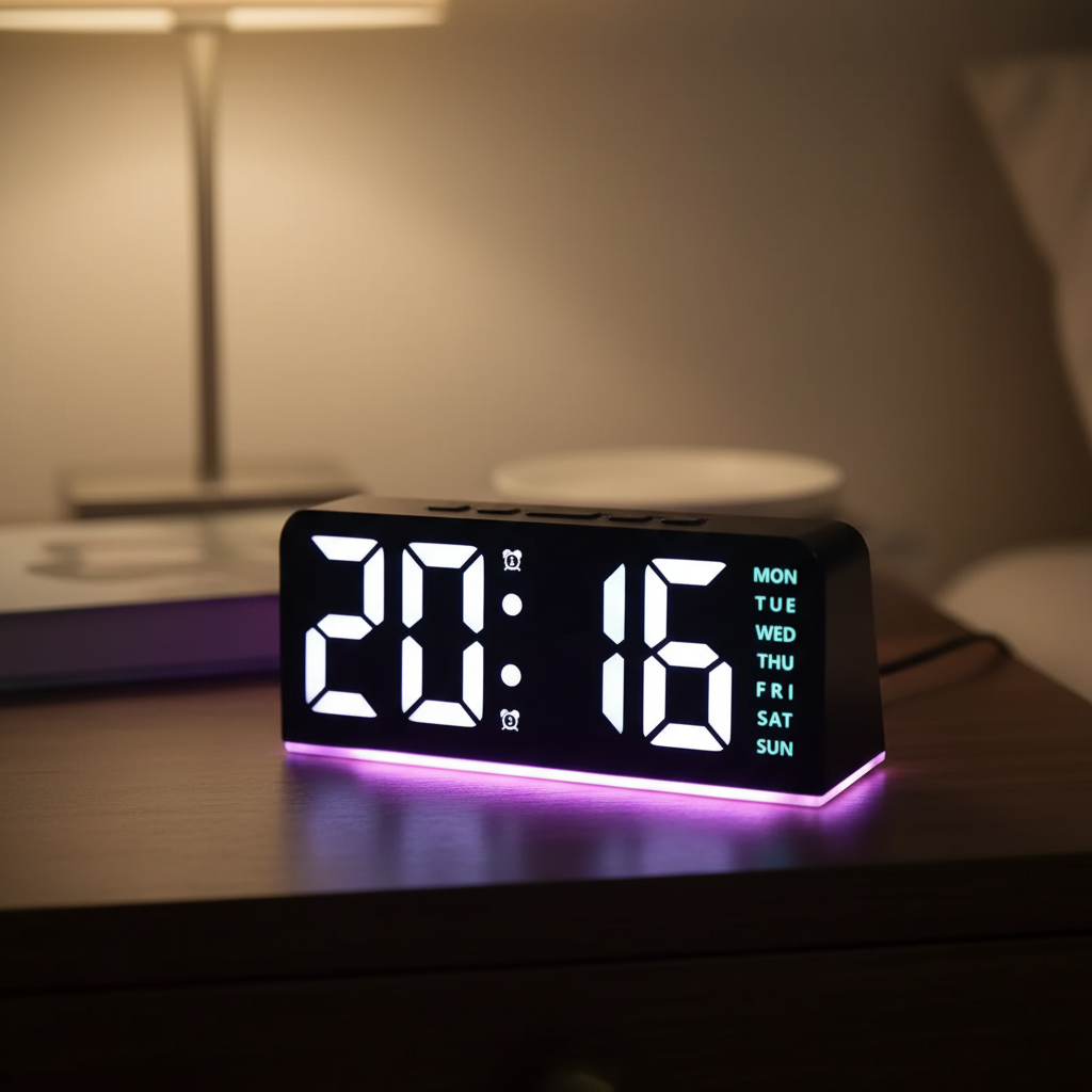 Digital alarm clock with LED display, temperature reading, and customizable backlight