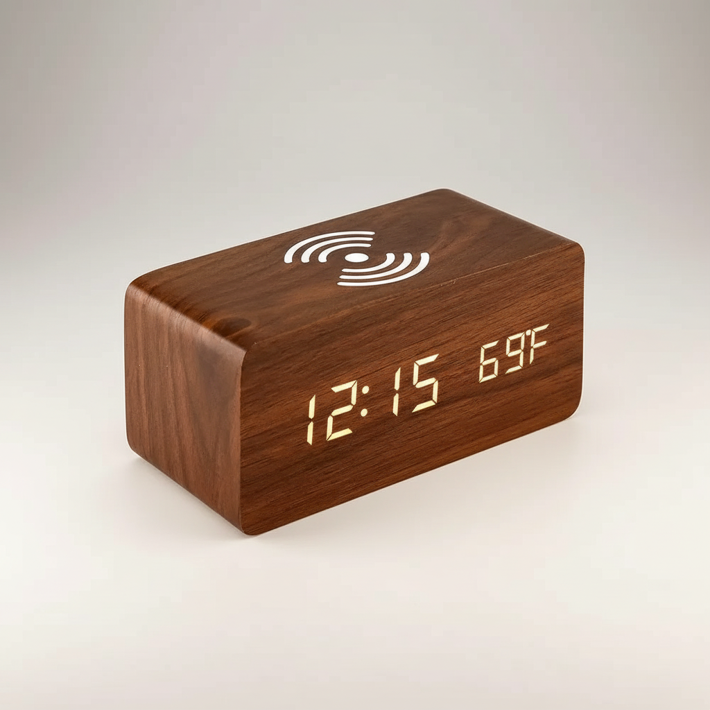 Digital alarm clocks wooden LED display wireless phone charger