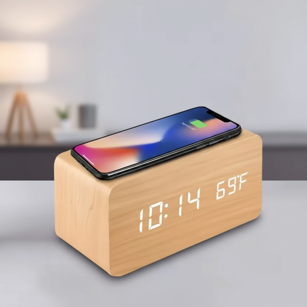 Digital alarm clocks wooden LED display wireless phone charger