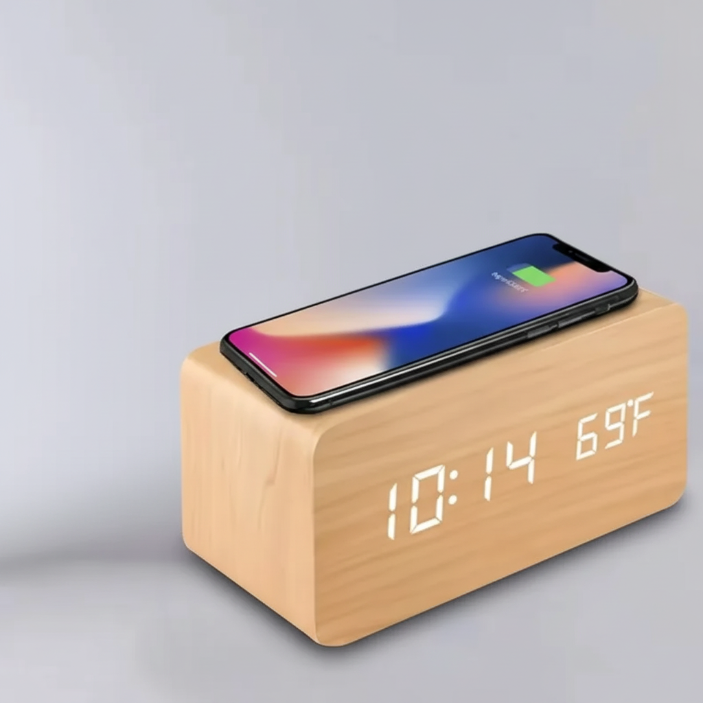 Digital alarm clocks wooden LED display wireless phone charger