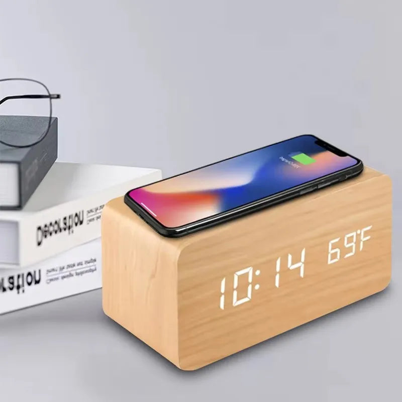 Digital alarm clocks wooden LED display wireless phone charger