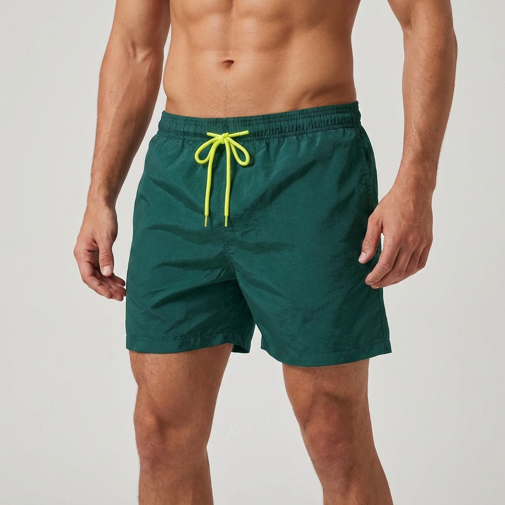 Men's quick-dry swim shorts with adjustable waistband and flat pockets