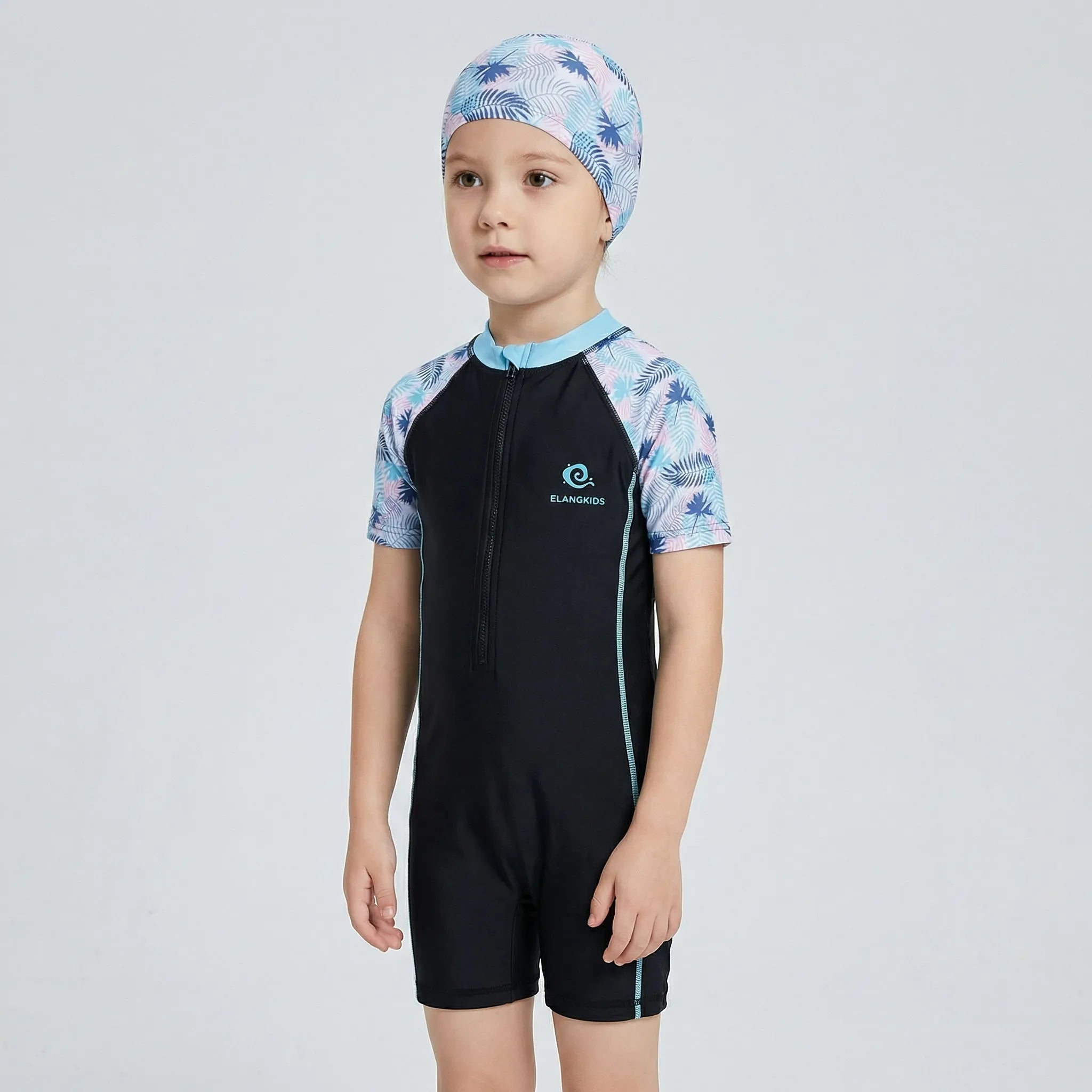 Girls short sleeve one piece swimsuit with front zipper and quick dry fabric