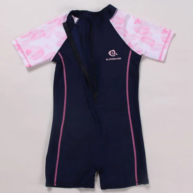 Girls short sleeve one piece swimsuit with front zipper and quick dry fabric