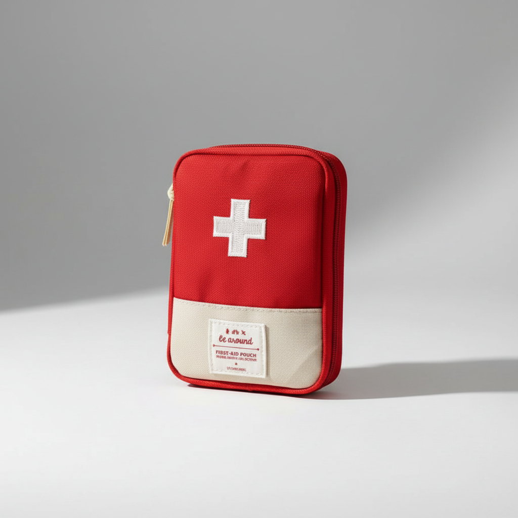 Compact travel first aid pouch with organized compartments