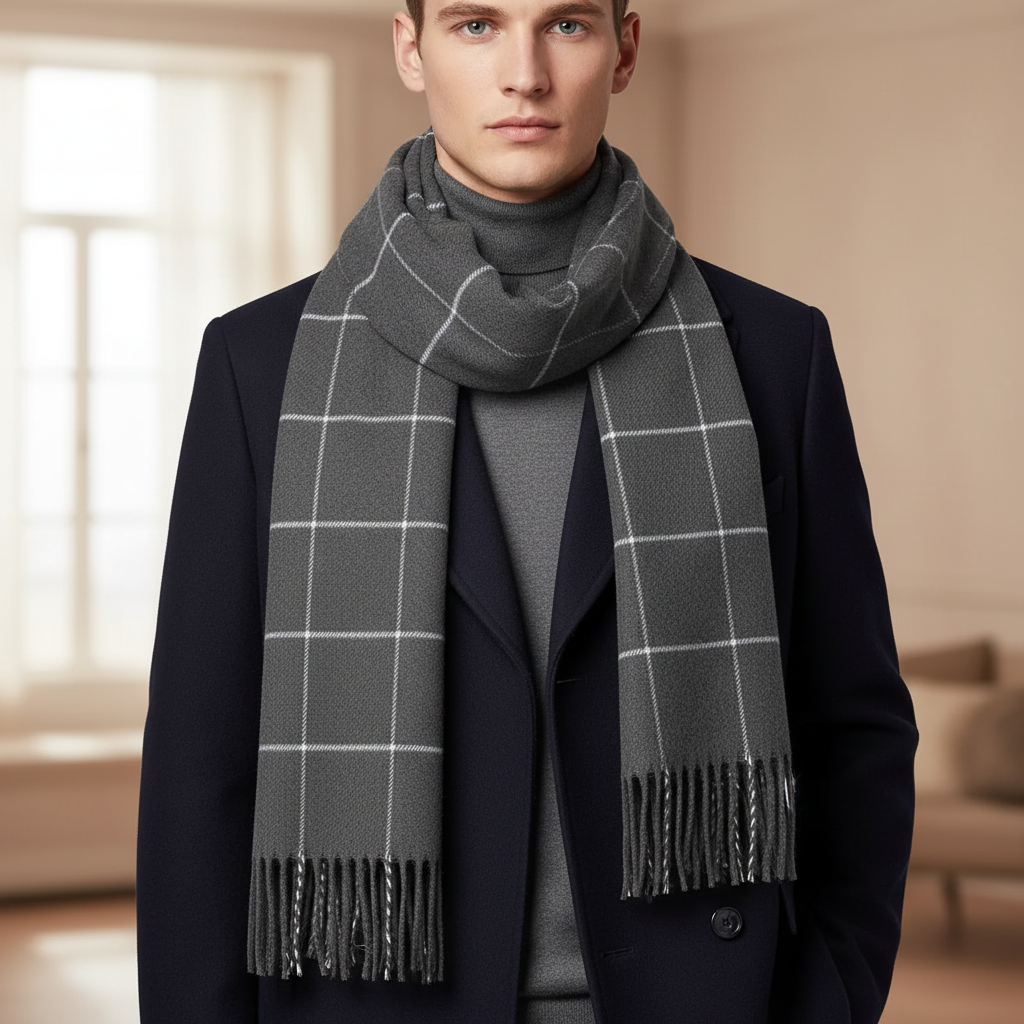 Men's plaid scarves with soft cashmere-like polyester and tassel edge