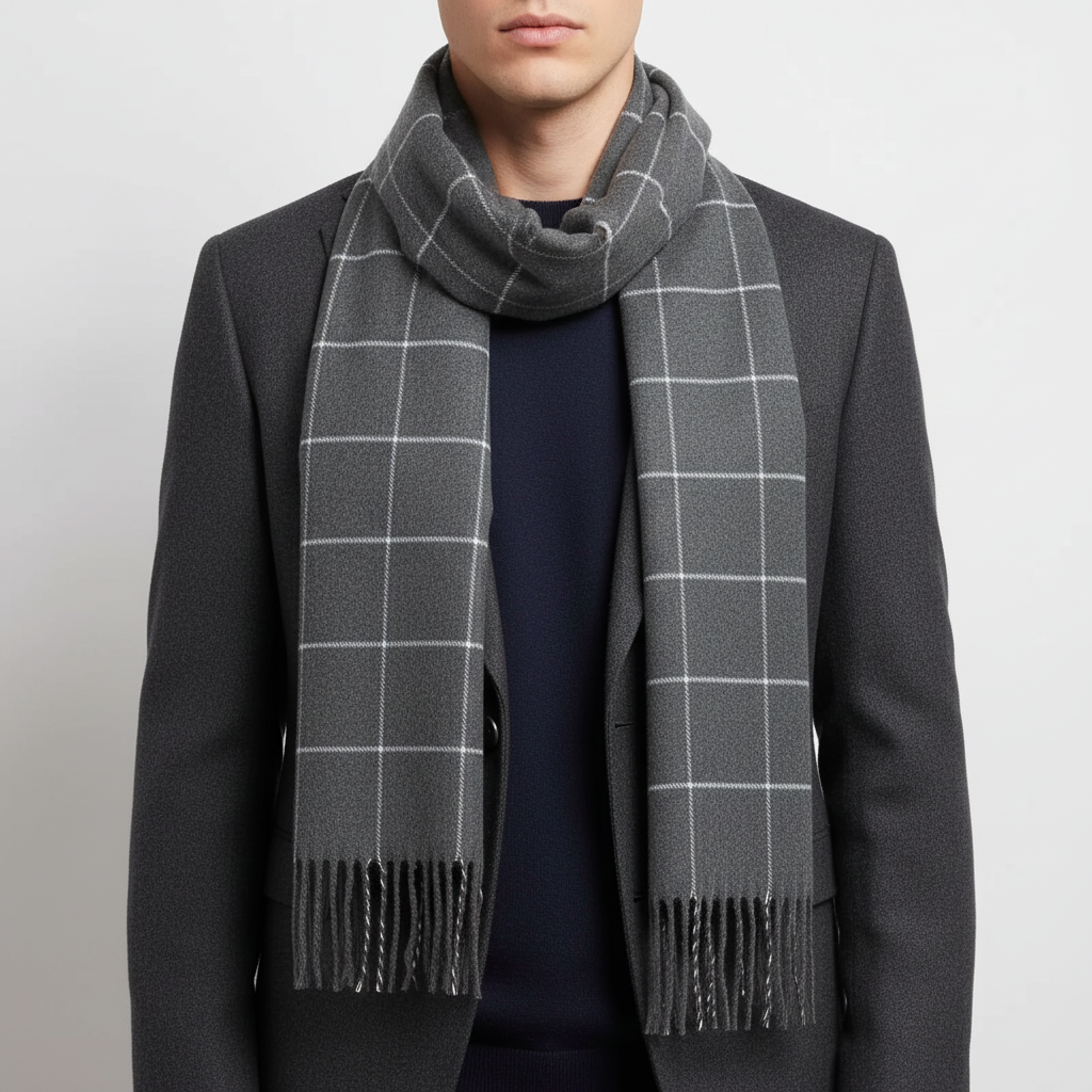 Men's plaid scarves with soft cashmere-like polyester and tassel edge