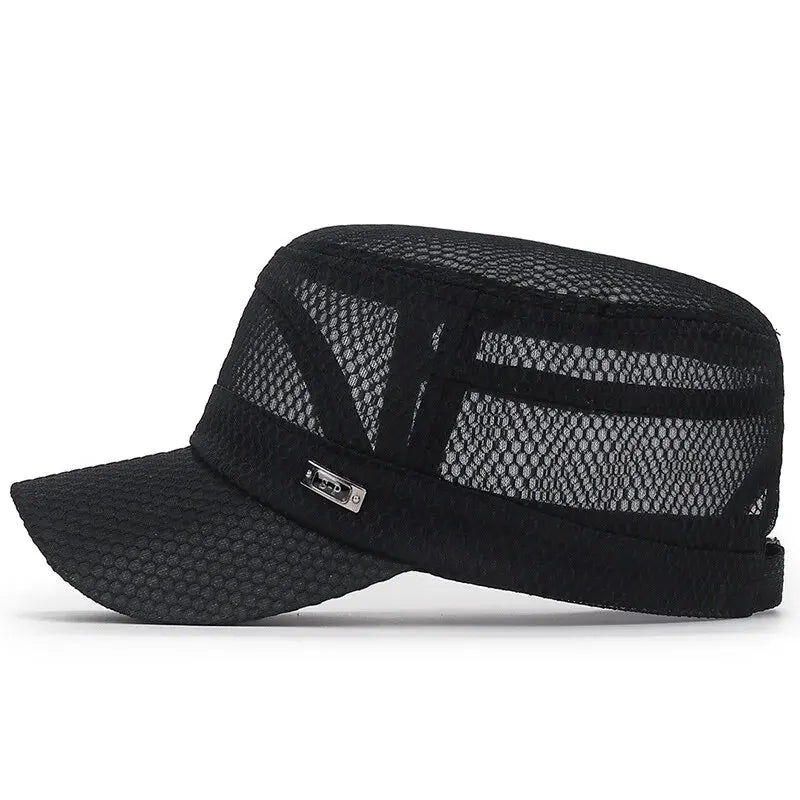 Breathable mesh flat-top cap with military-inspired silhouette and adjustable strap