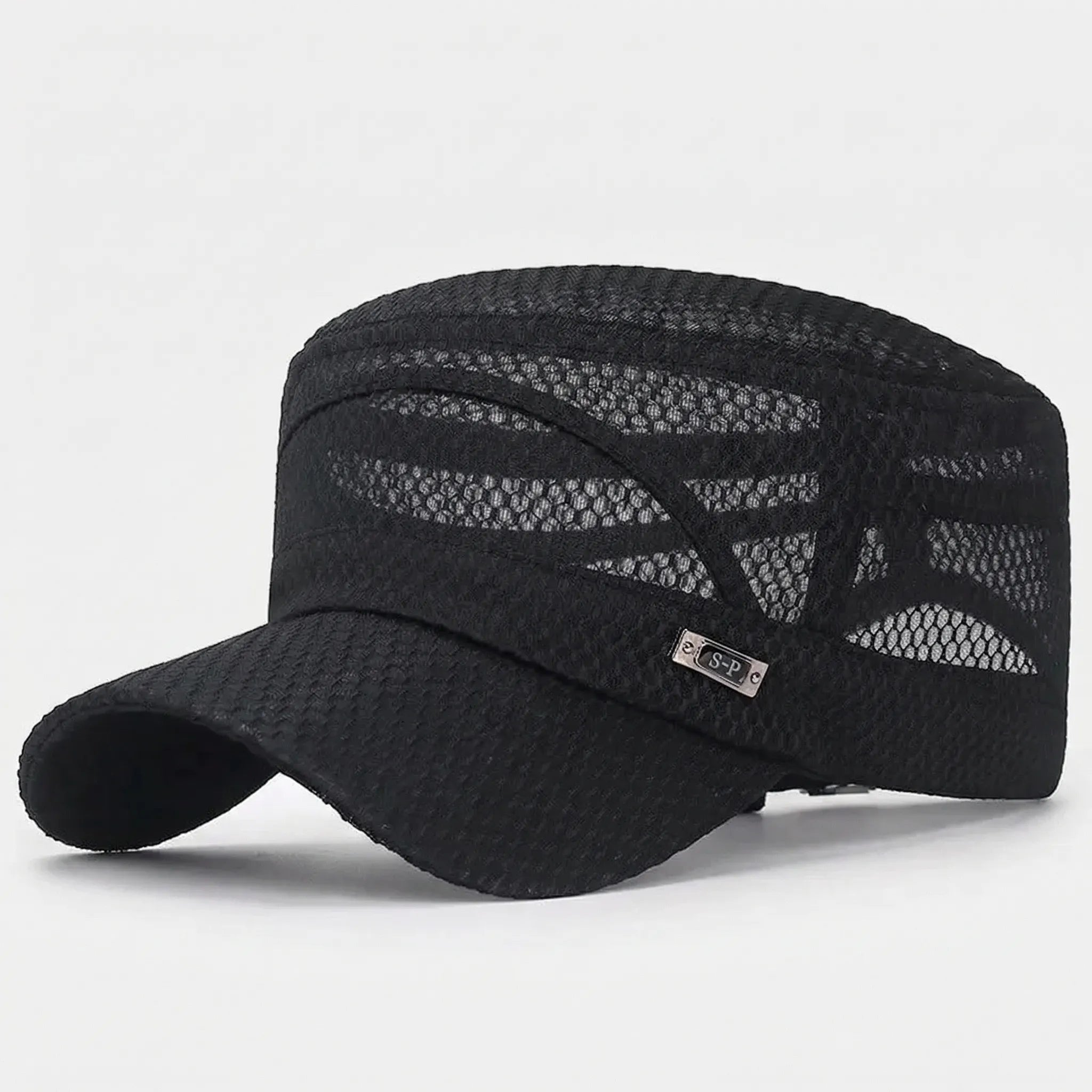 Breathable mesh flat-top cap with military-inspired silhouette and adjustable strap