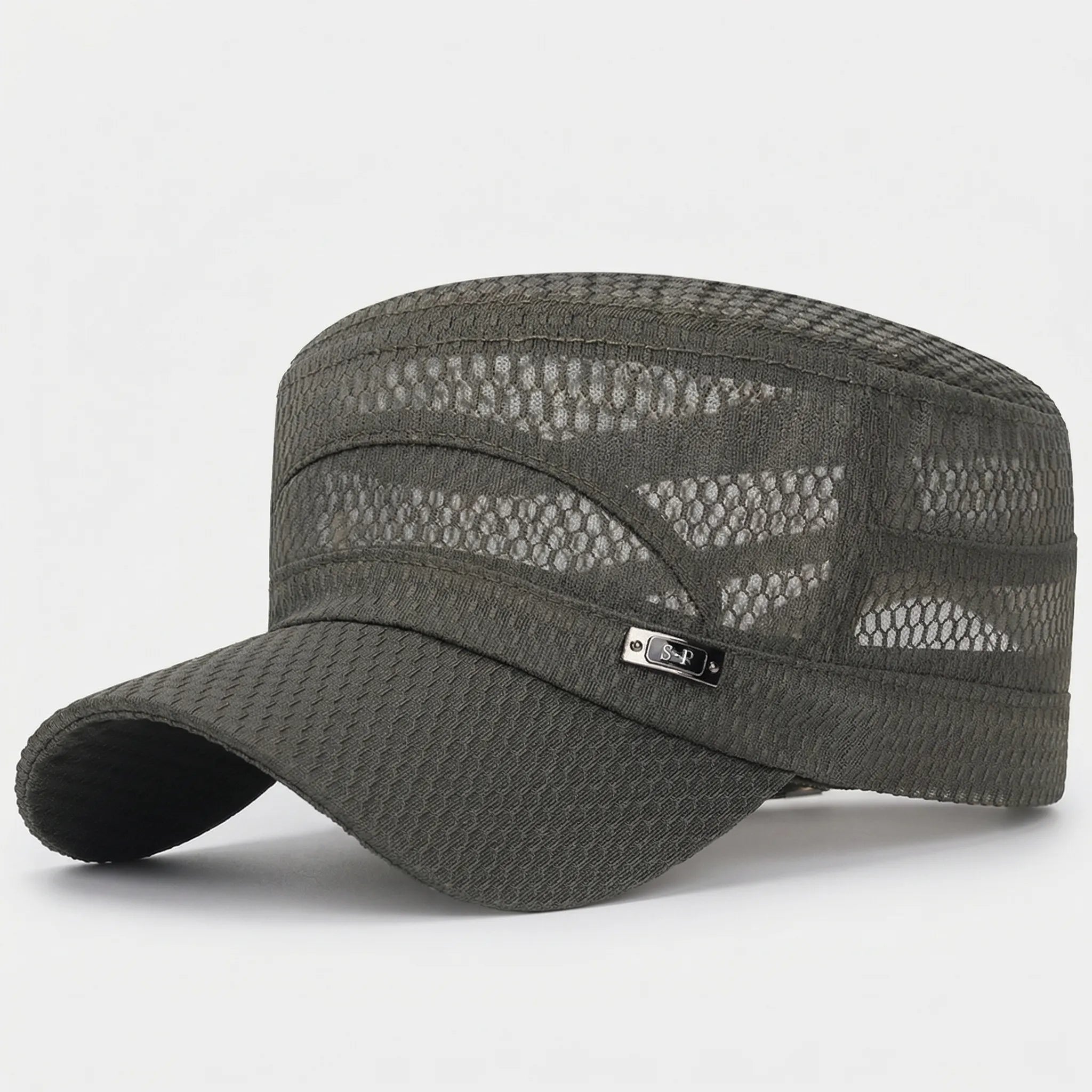 Breathable mesh flat-top cap with military-inspired silhouette and adjustable strap