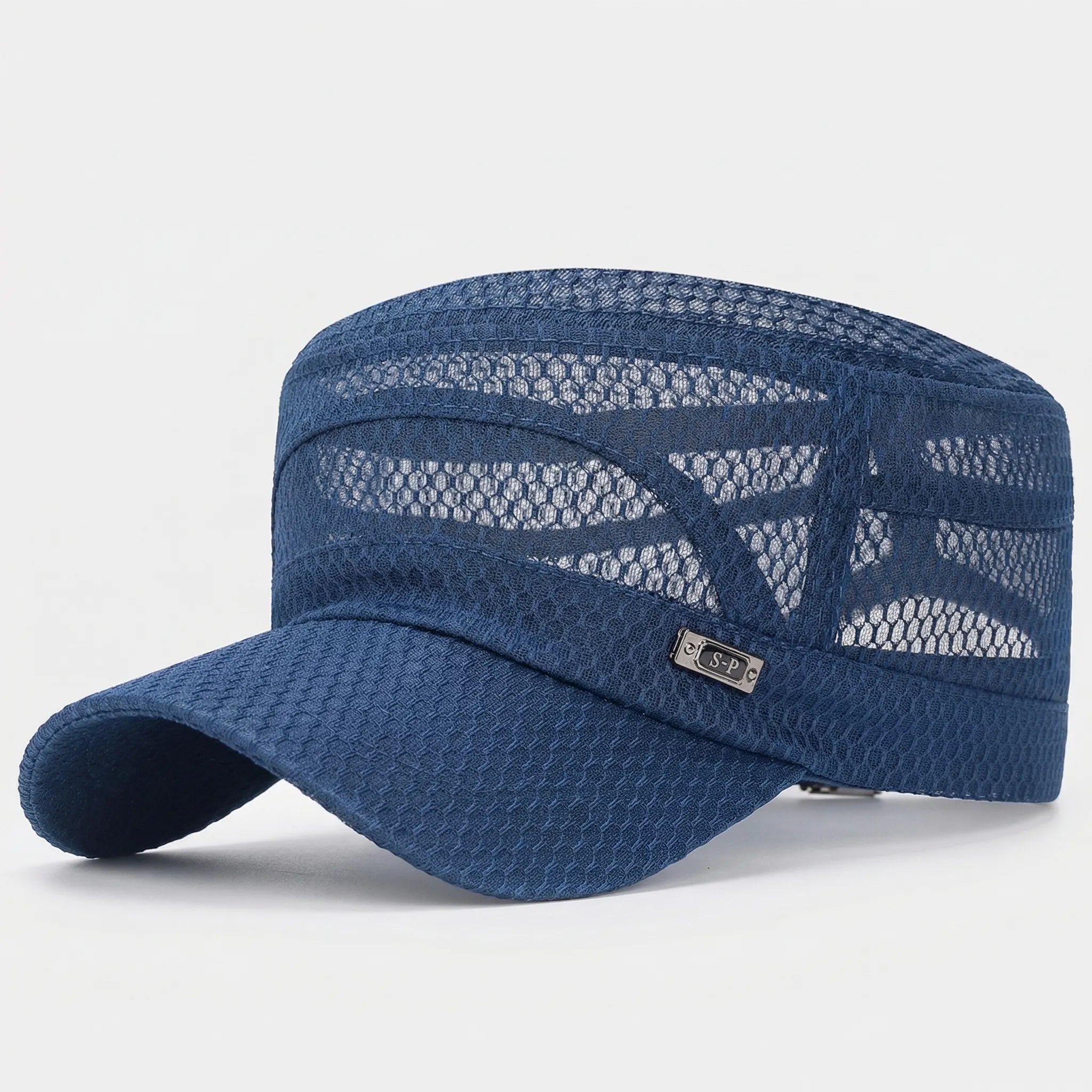 Breathable mesh flat-top cap with military-inspired silhouette and adjustable strap