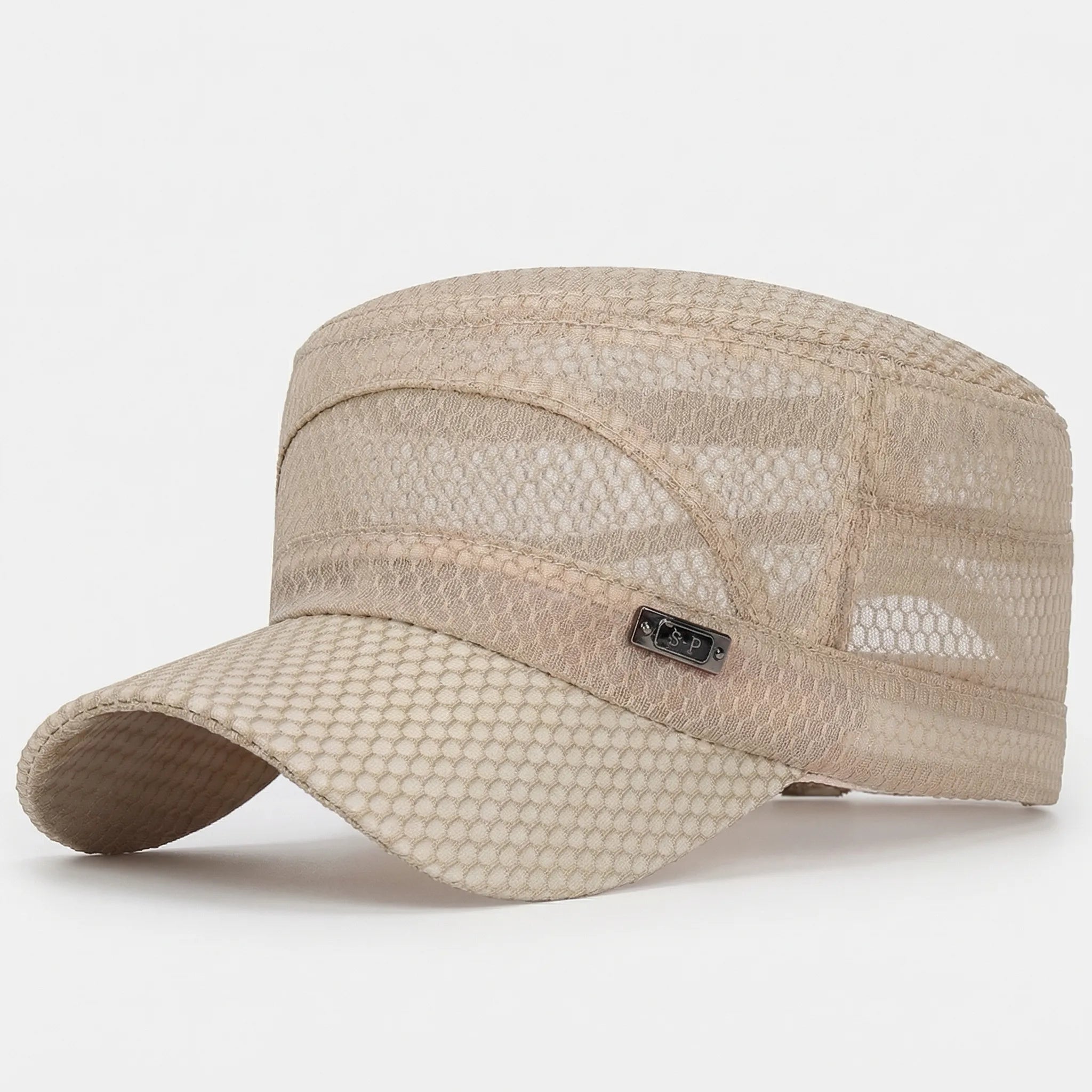 Breathable mesh flat-top cap with military-inspired silhouette and adjustable strap