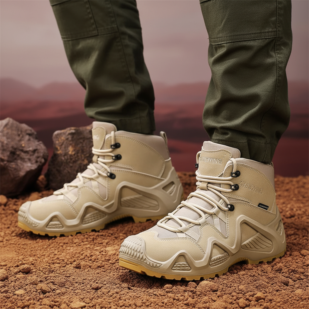 Waterproof tactical mid-ankle boot with breathable mesh lining