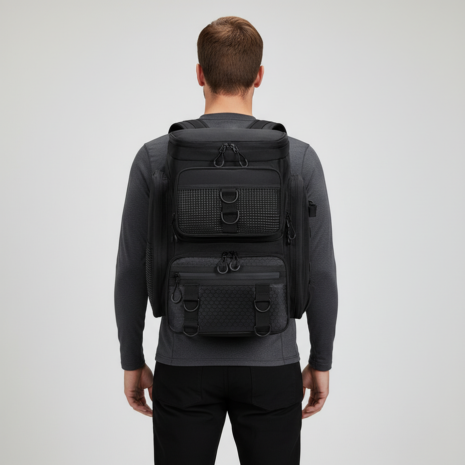 Fishing backpack with water-resistant material and rod holders