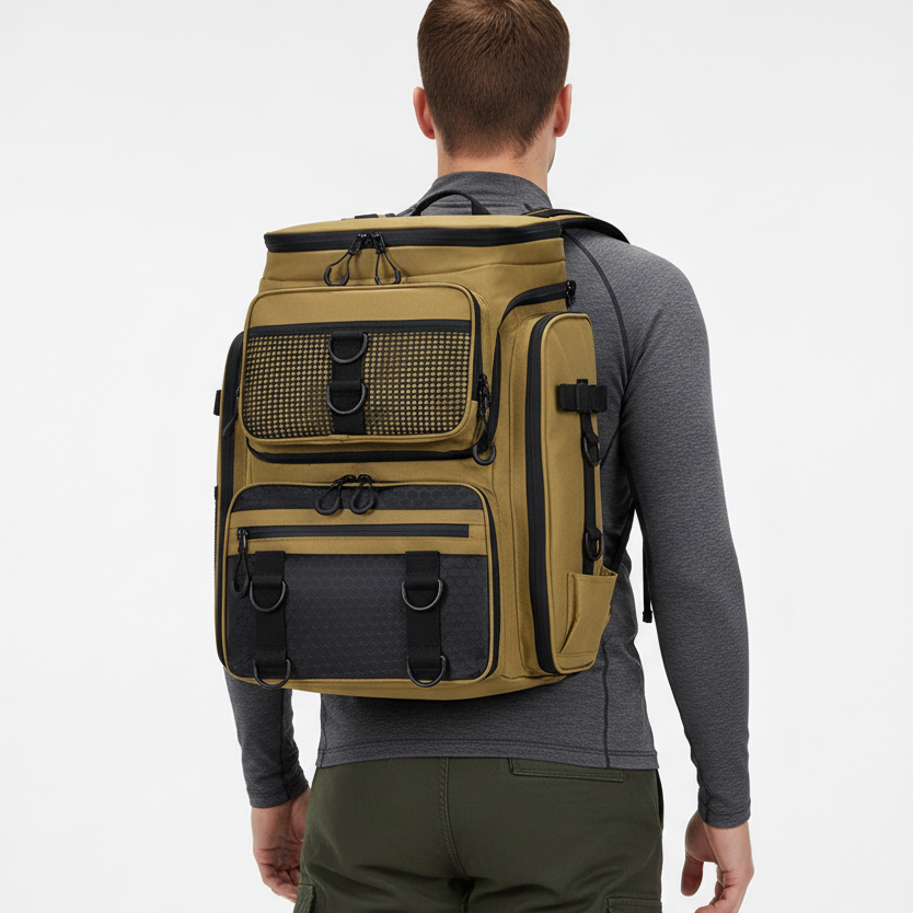 Fishing backpack with water-resistant material and rod holders