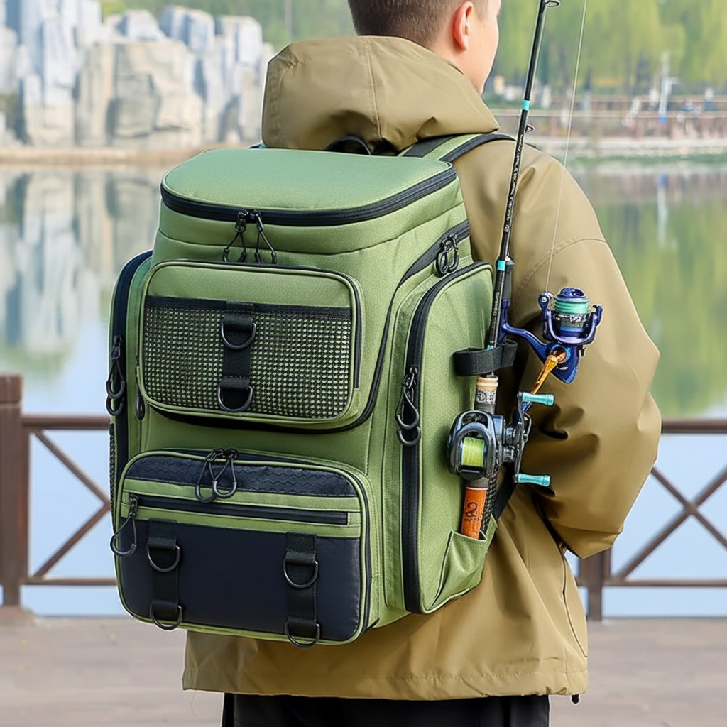 Fishing backpack with water-resistant material and rod holders