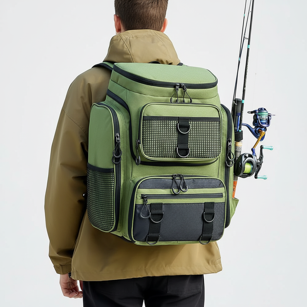 Fishing backpack with water-resistant material and rod holders