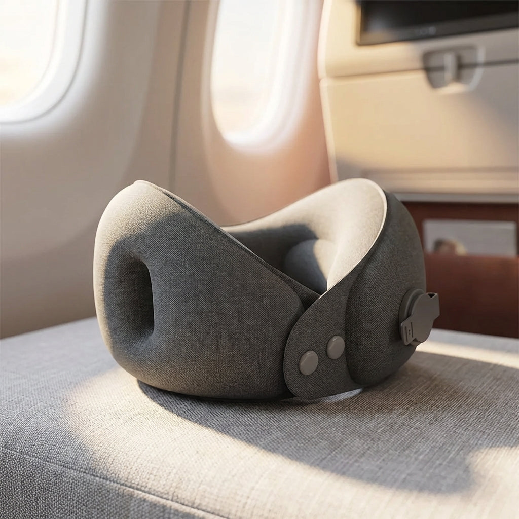 Inflatable travel neck pillow with ergonomic support and compact carry case