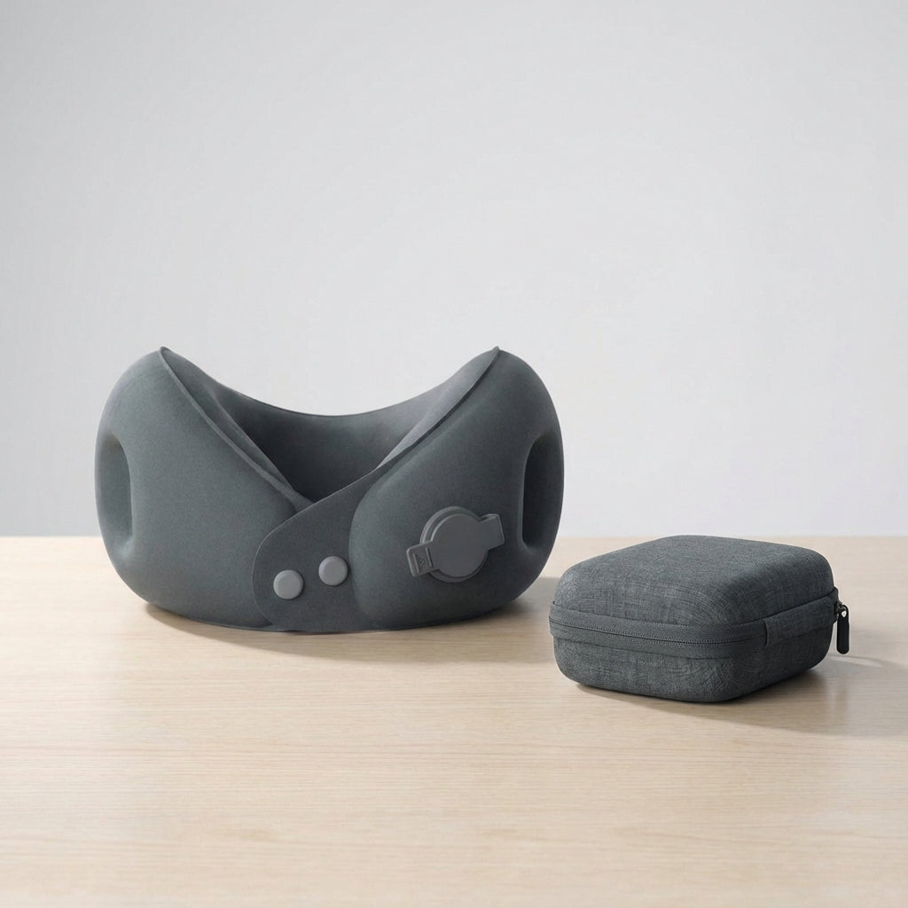 Inflatable travel neck pillow with ergonomic support and compact carry case
