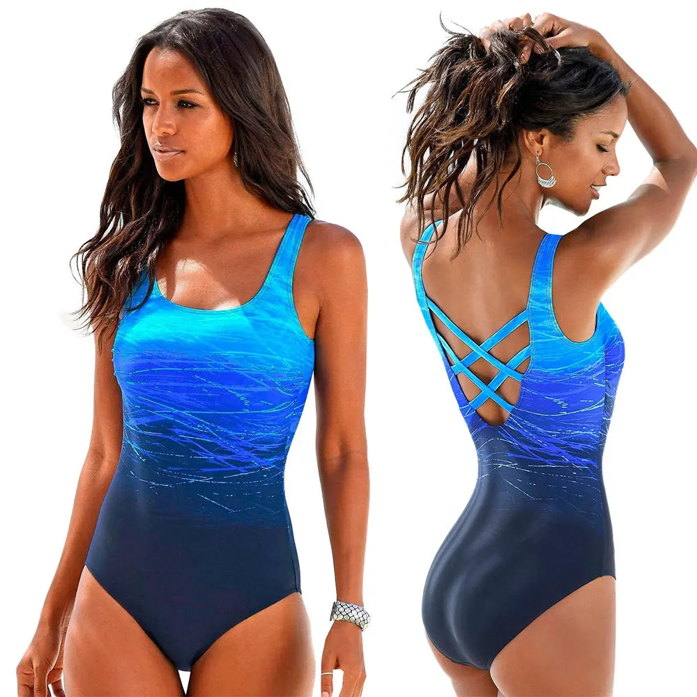 Backless one-piece swimsuit with gradient print and wide straps