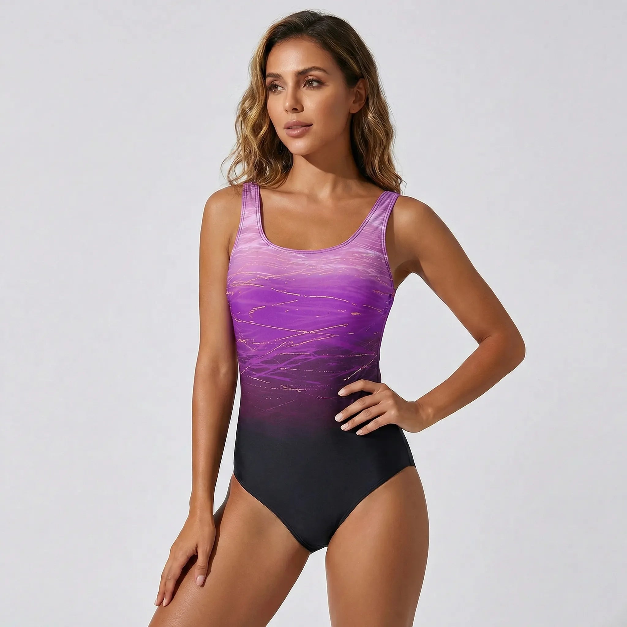 Backless one-piece swimsuit with gradient print and wide straps