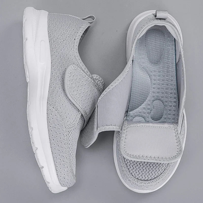 Wide fit orthopedic shoe with adjustable hook-and-loop strap