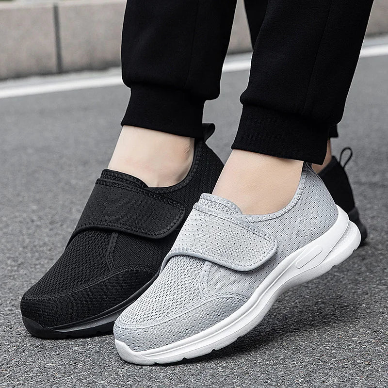 Wide fit orthopedic shoe with adjustable hook-and-loop strap