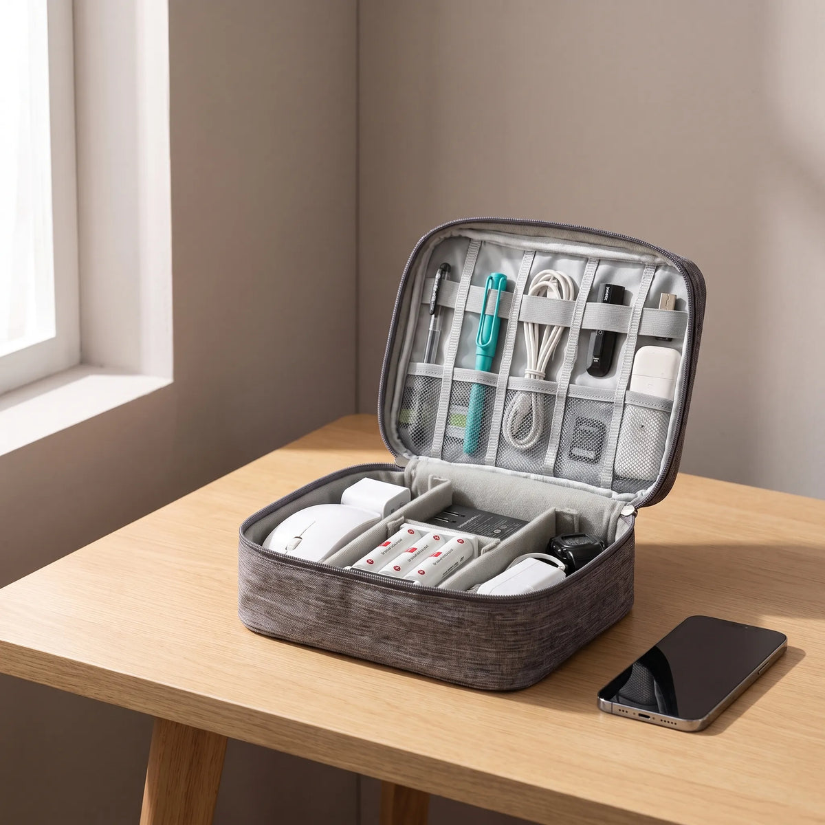Travel accessories cable organizer bag with adjustable dividers