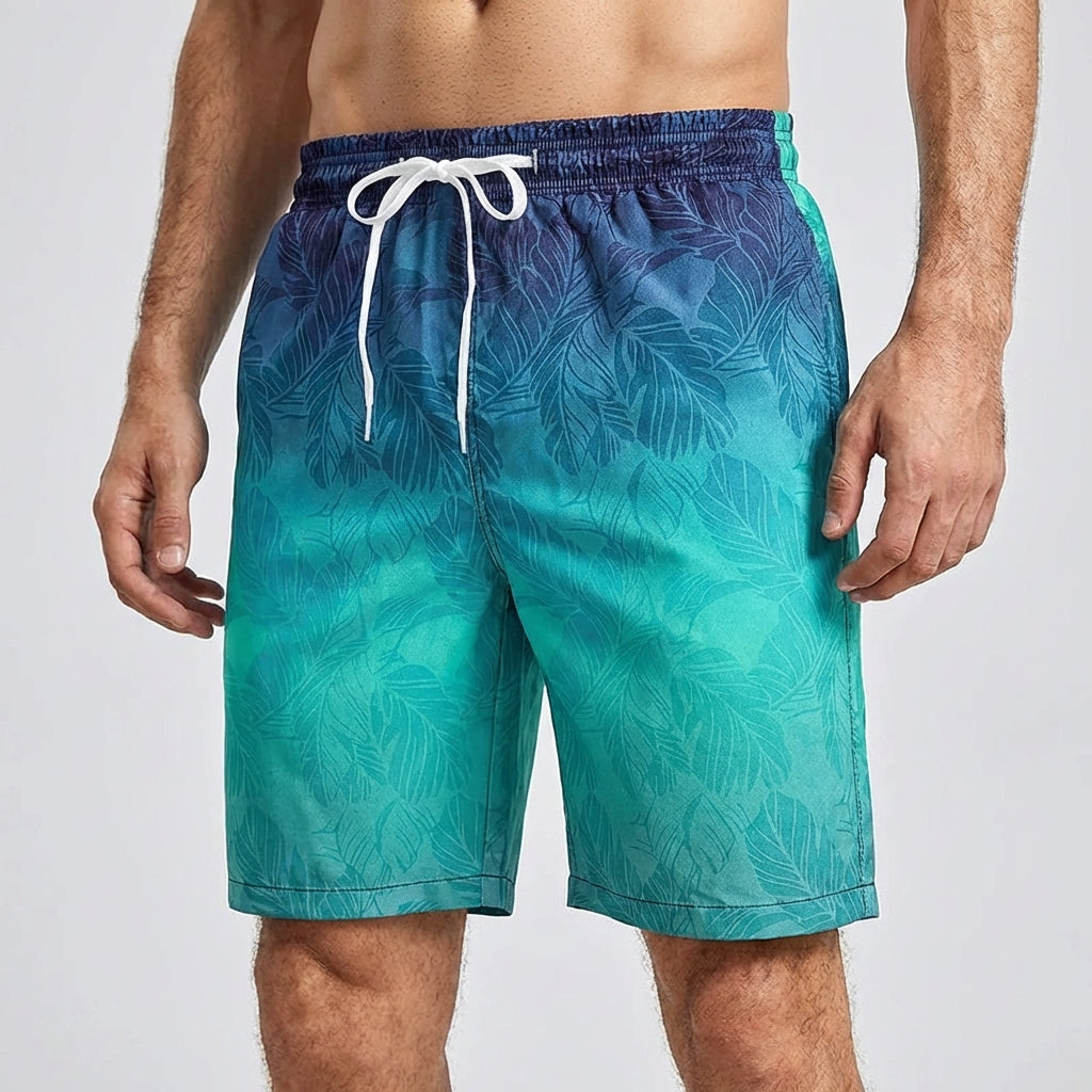 Men's loose fit board shorts with palm gradient pattern and quick-drying fabric