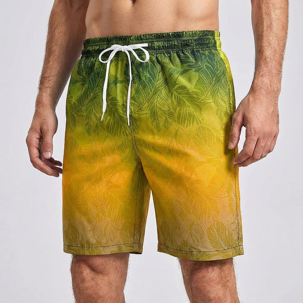 Men's loose fit board shorts with palm gradient pattern and quick-drying fabric