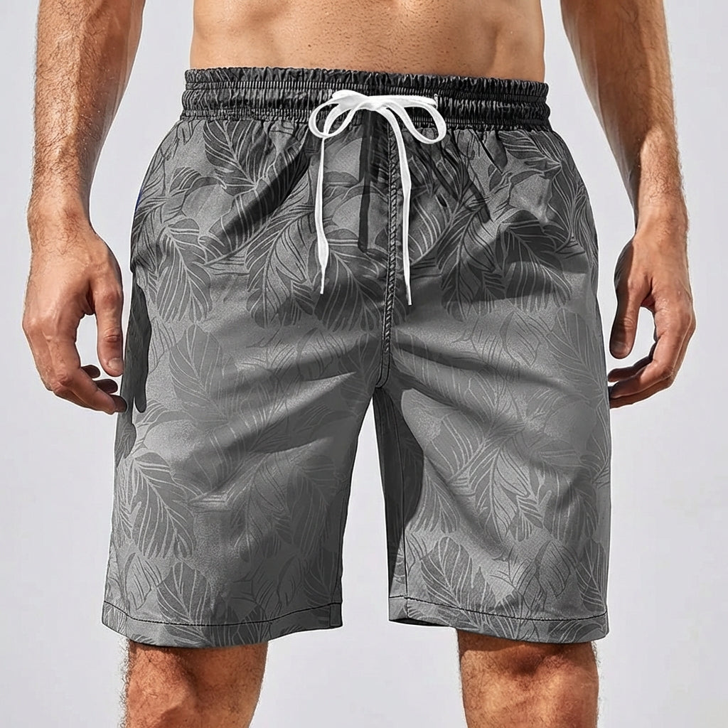 Men's loose fit board shorts with palm gradient pattern and quick-drying fabric