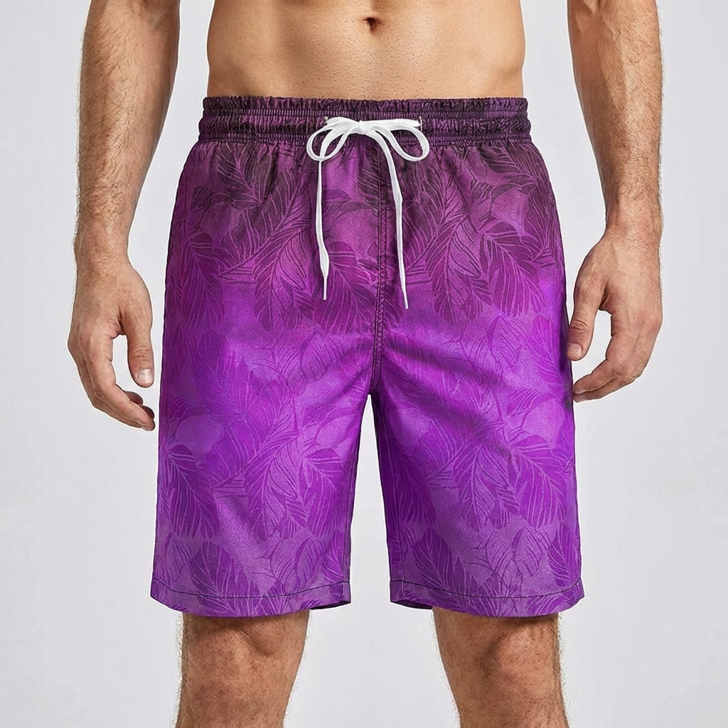 Men's loose fit board shorts with palm gradient pattern and quick-drying fabric