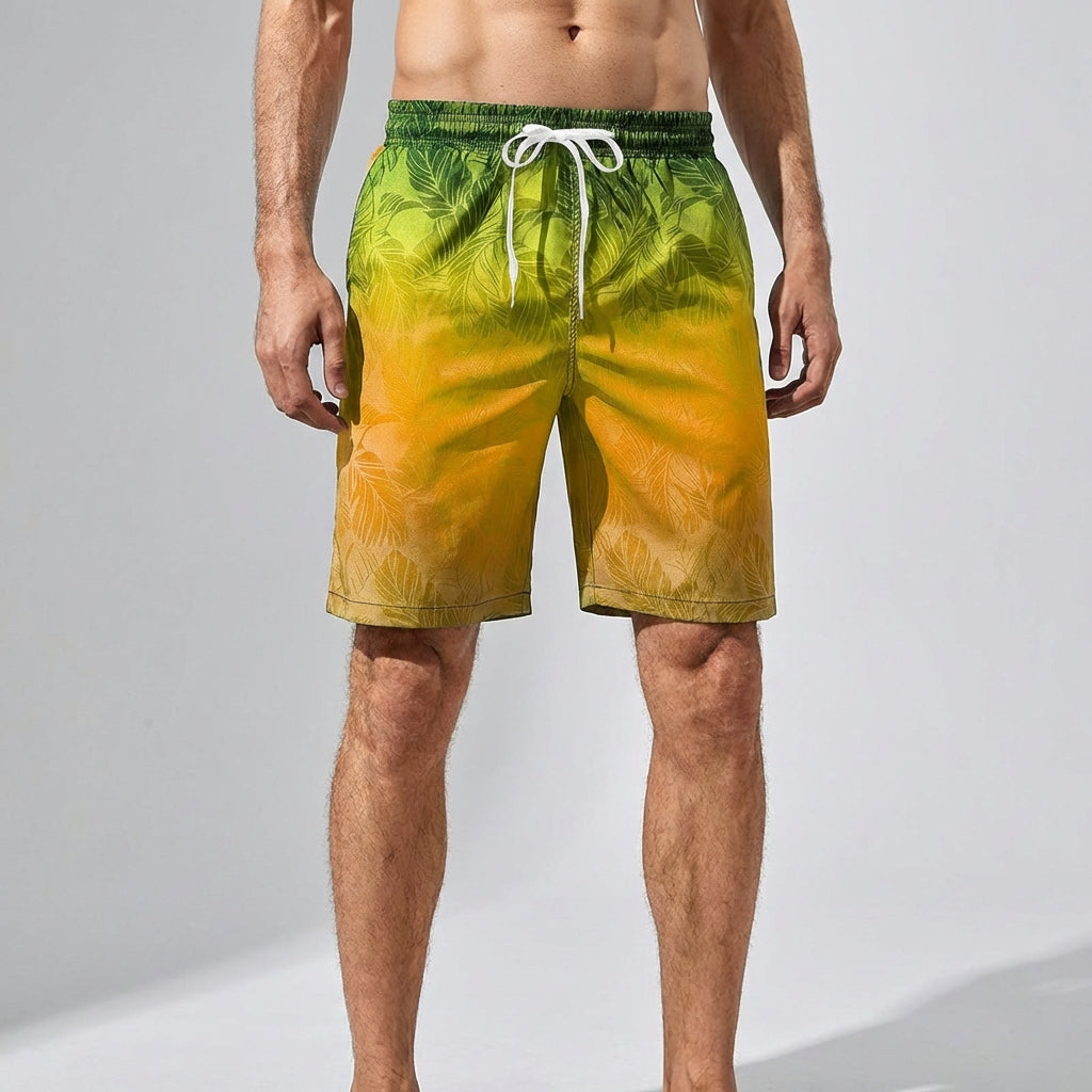 Men's loose fit board shorts with palm gradient pattern and quick-drying fabric