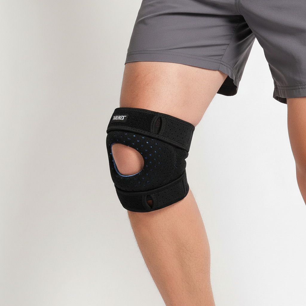 Adjustable patella knee brace with breathable knit fabric and dual straps