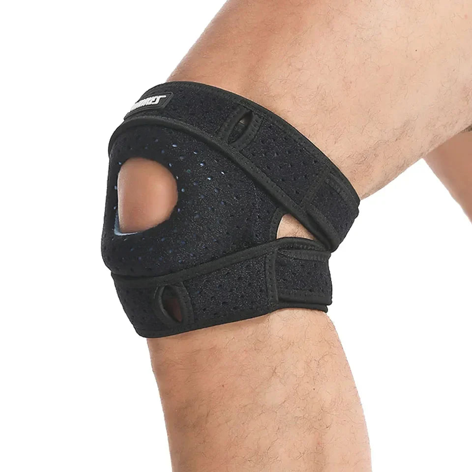 Adjustable patella knee brace with breathable knit fabric and dual straps