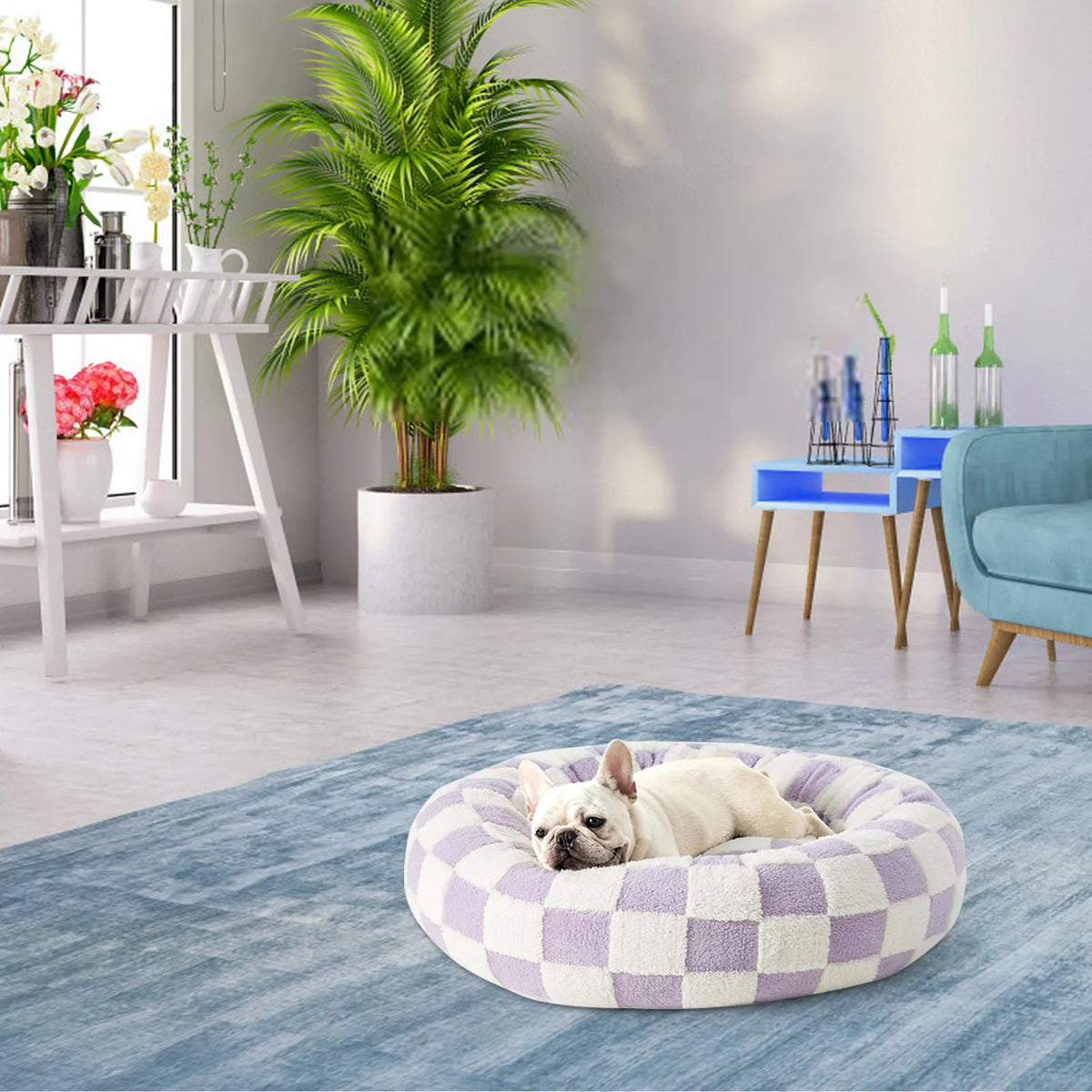 Round plush dog bed with raised bolstered rim, non-slip base, machine-washable