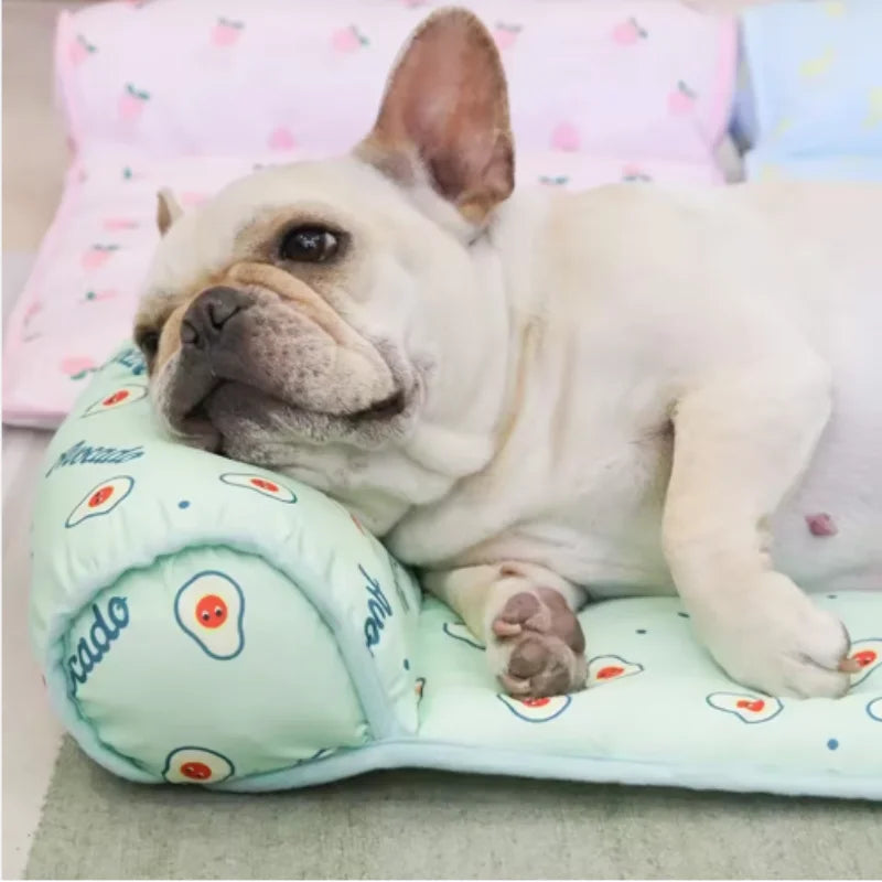 Breathable pet cooling mat with flat design and bolster headrest