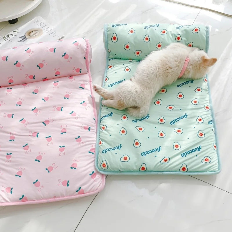 Breathable pet cooling mat with flat design and bolster headrest