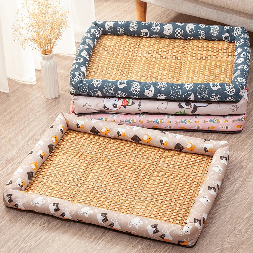 Woven rattan pet cooling mat with raised padded border