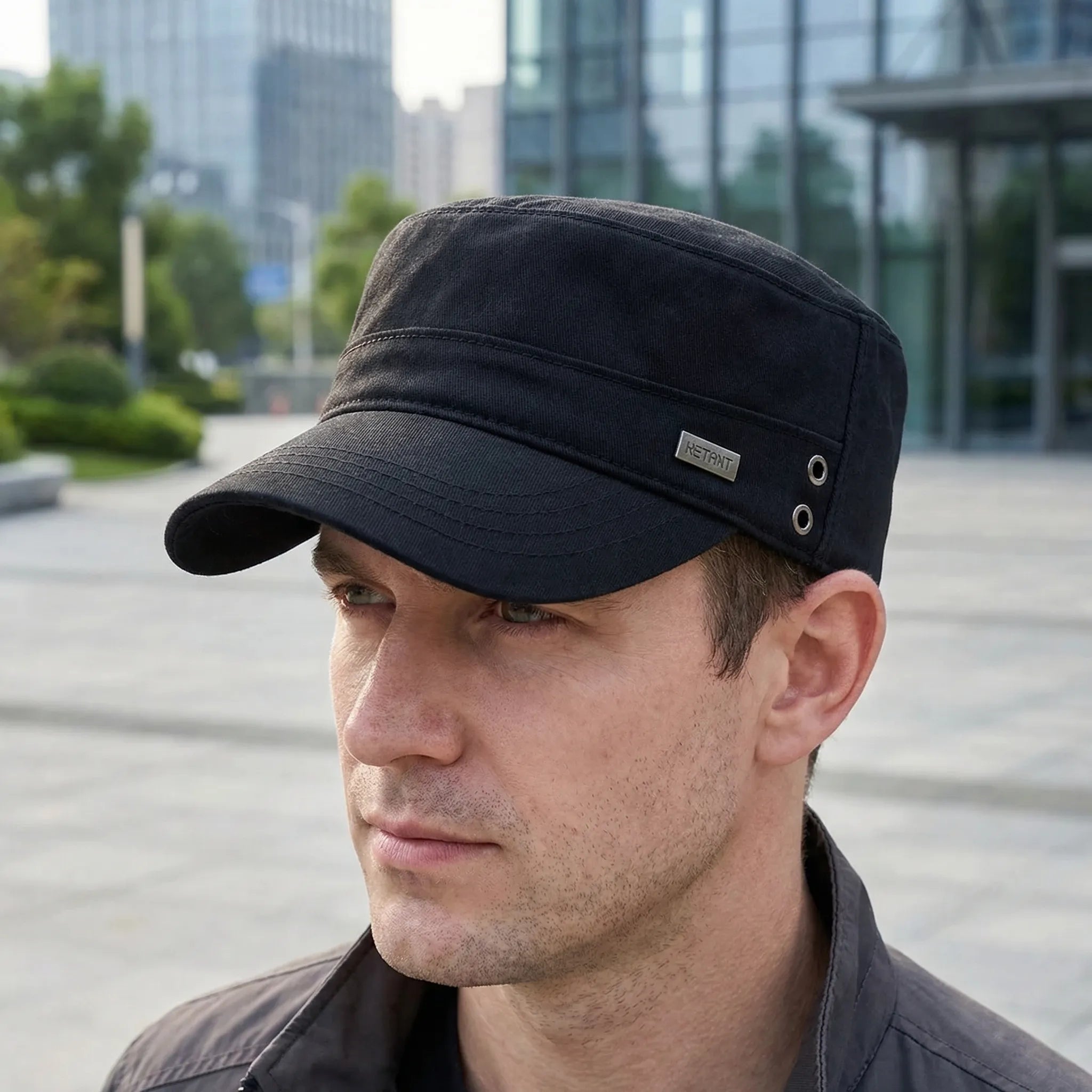 Men's flat top baseball cap with structured peaked brim