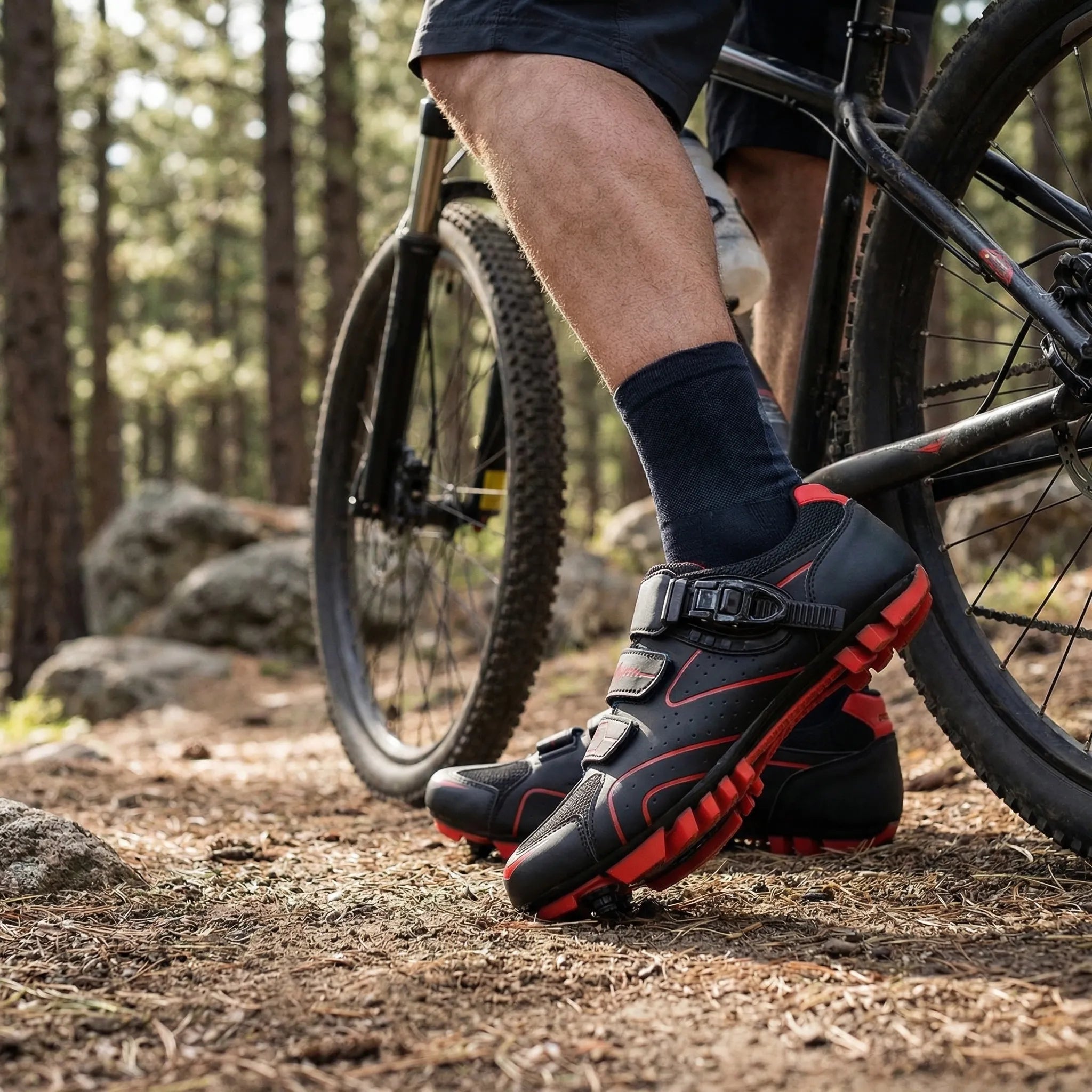 Men's MTB cycling shoe with SPD compatible recessed sole and ratchet buckle